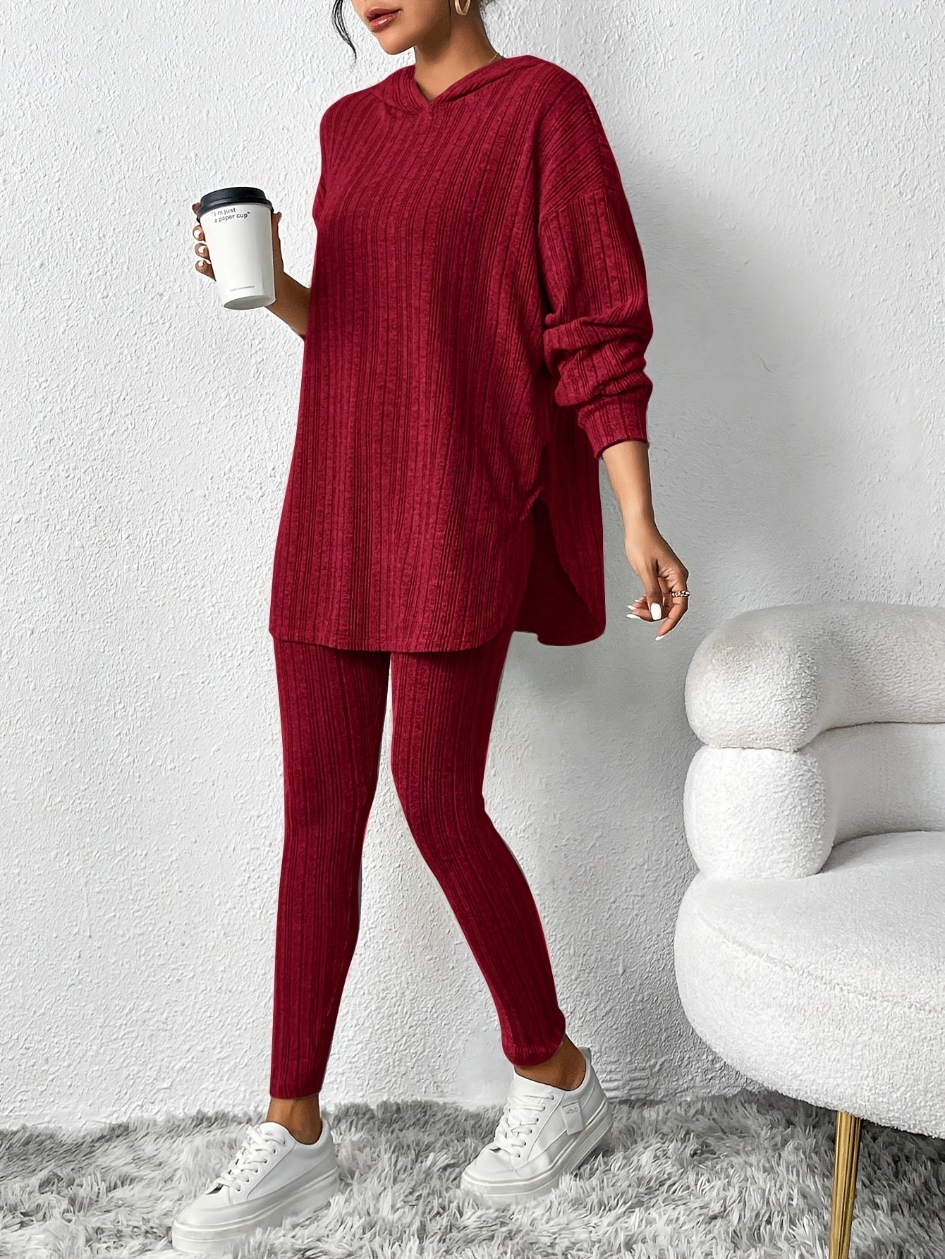 Ribbed knit lounge set with oversized hooded top | Lyra