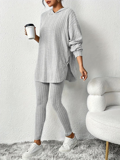 Ribbed knit lounge set with oversized hooded top | Lyra