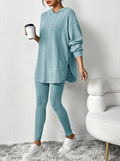 Ribbed knit lounge set with oversized hooded top | Lyra