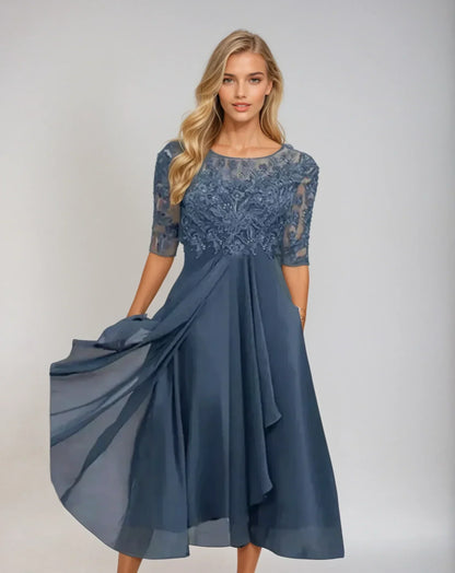 Adelina | Women's Lace Bodice Midi Dress with Flowing Skirt