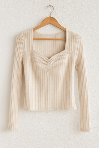 Amina Geripptes Langarm-Top mit eckigem Ausschnitt