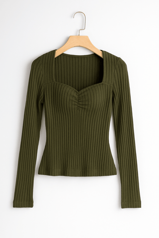 Amina Geripptes Langarm-Top mit eckigem Ausschnitt