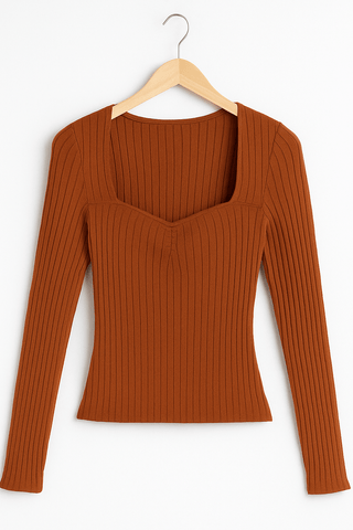 Amina Geripptes Langarm-Top mit eckigem Ausschnitt