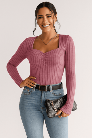 Amina Geripptes Langarm-Top mit eckigem Ausschnitt