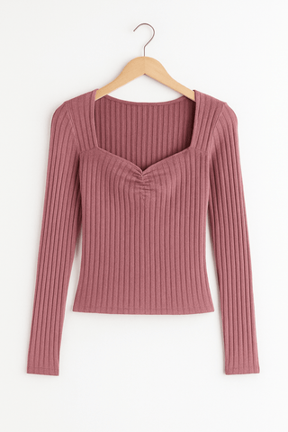 Amina Geripptes Langarm-Top mit eckigem Ausschnitt