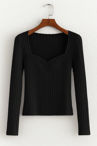 Amina Geripptes Langarm-Top mit eckigem Ausschnitt