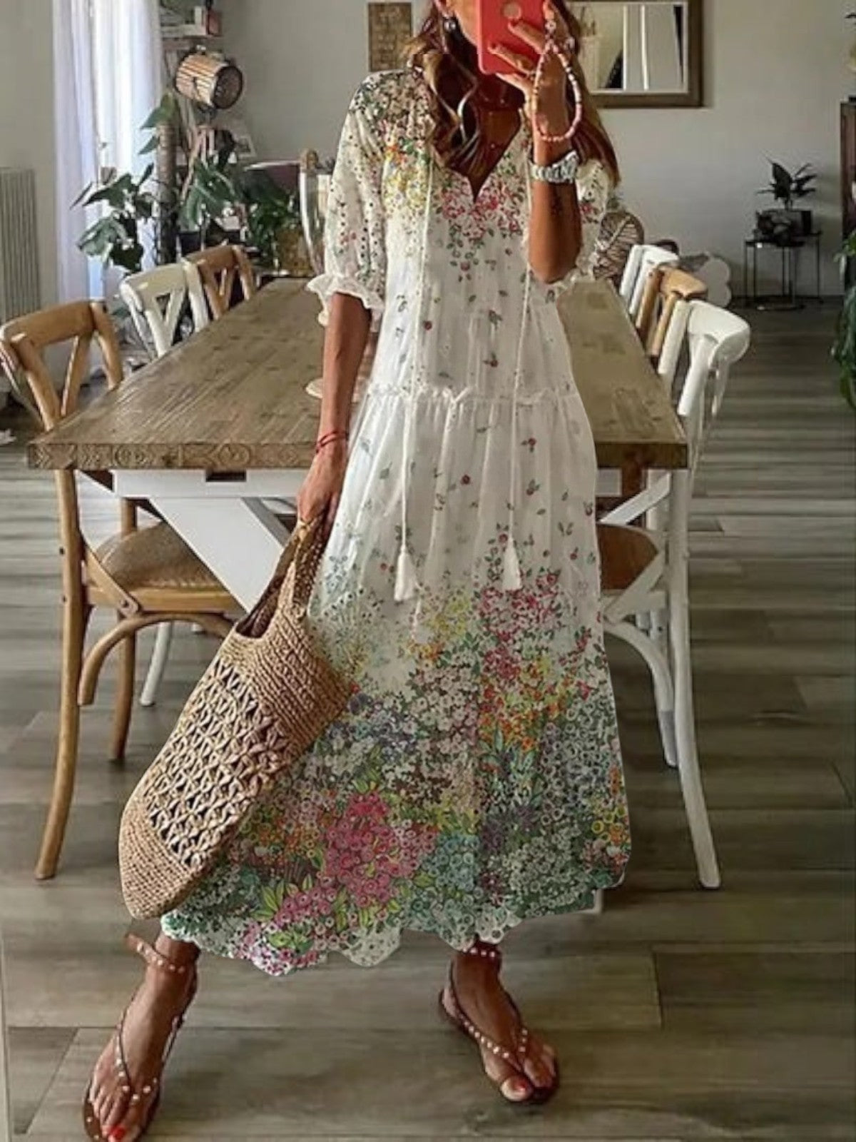 Boho V-neck vintage pattern flowing summer dress for women | Avery