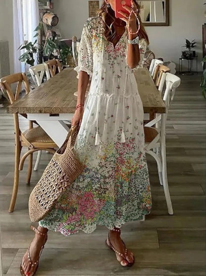 Boho V-neck vintage pattern flowing summer dress for women | Avery