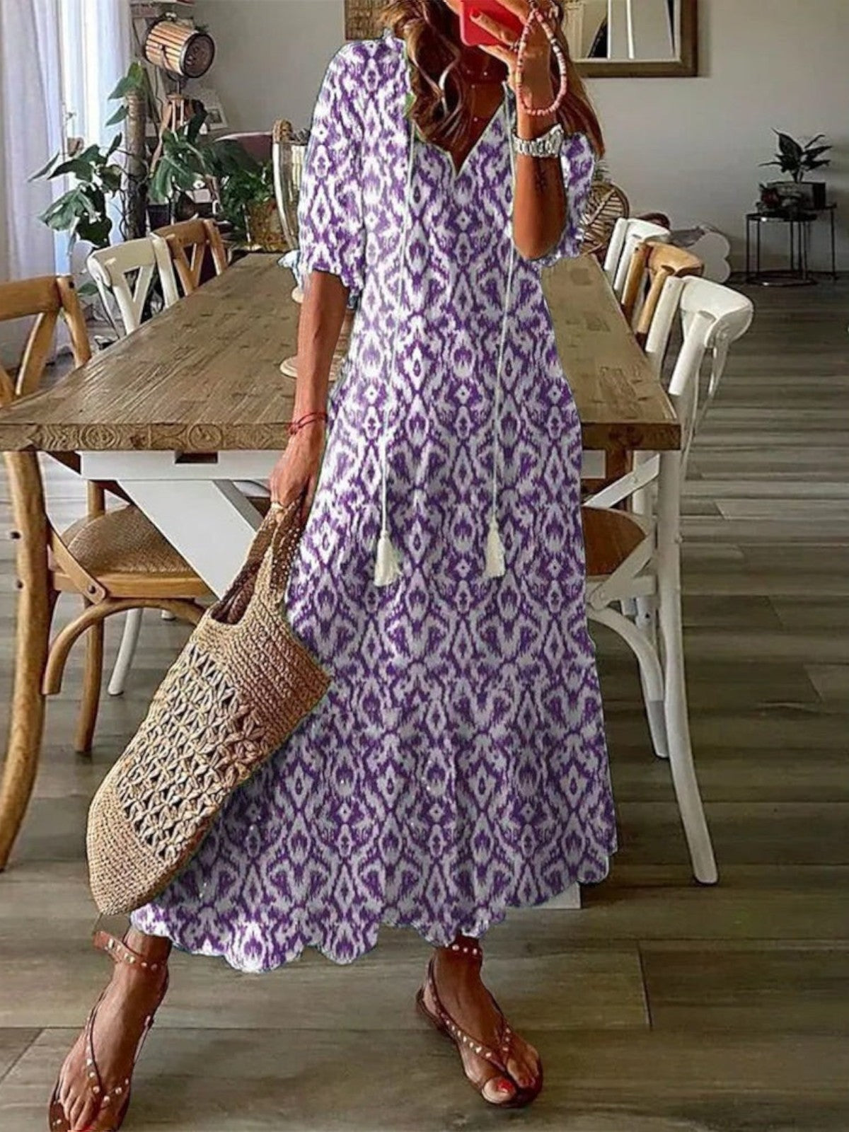 Boho V-neck vintage pattern flowing summer dress for women | Avery