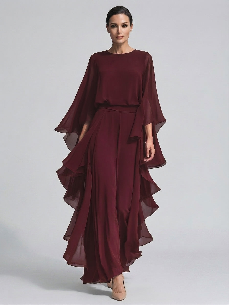 Isabelle | Women's Chiffon Ruffle Sleeve Top and Wide Leg Trousers Set