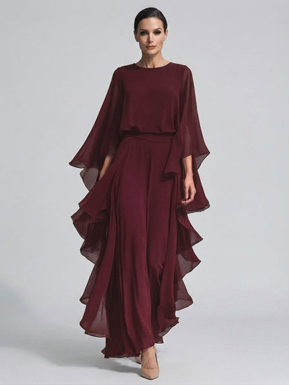 Isabelle | Women's Chiffon Ruffle Sleeve Top and Wide Leg Trousers Set