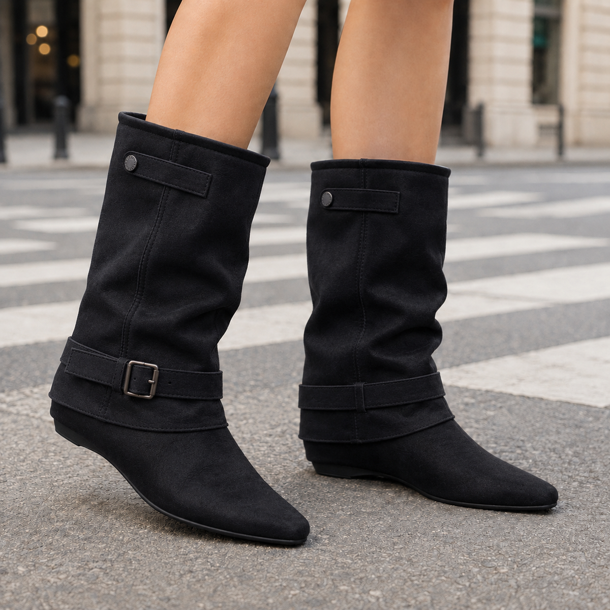 Elena | Women's Buckled Wraparound Wedge Mid Calf Boots