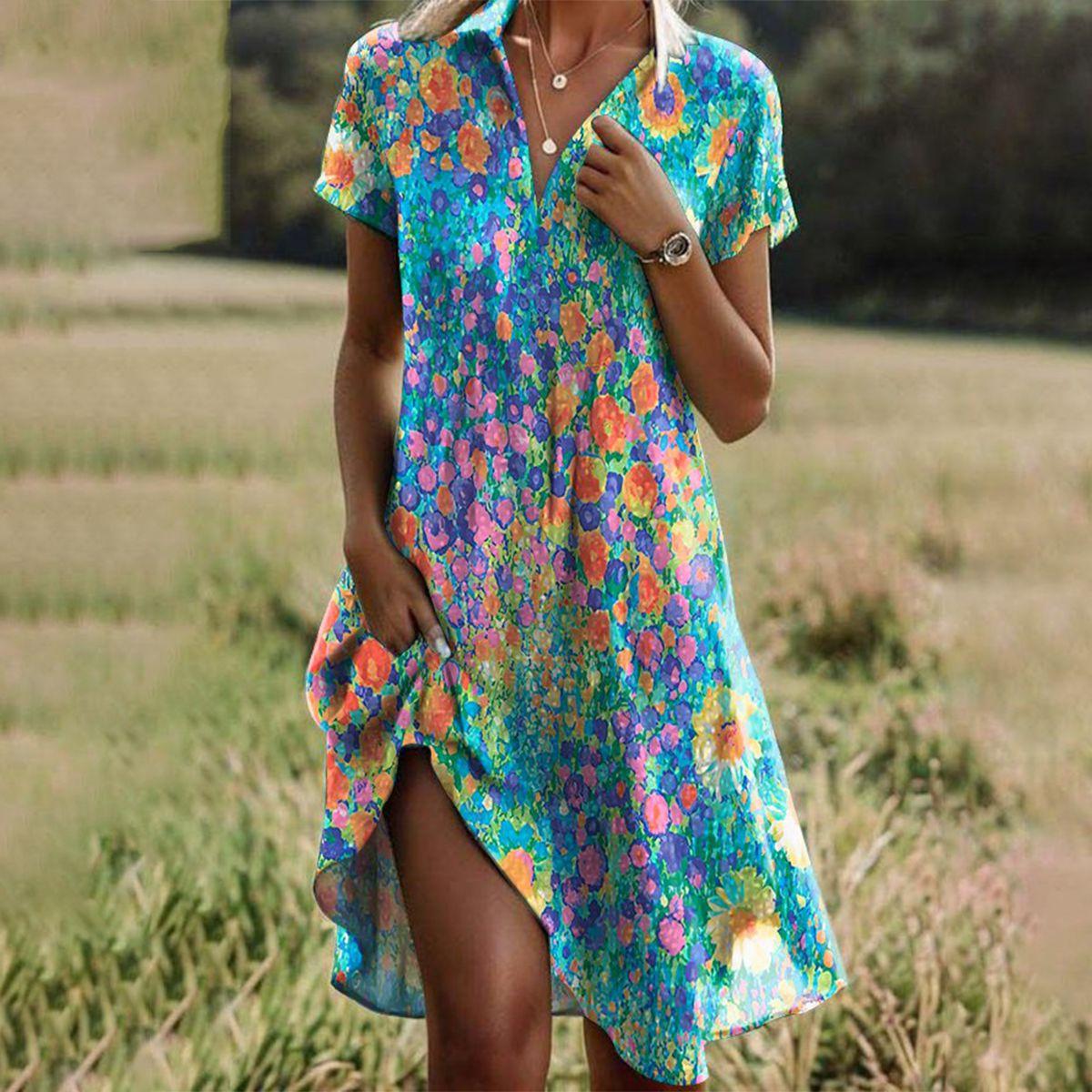 Title: Rounded neckline short sleeve relaxed A-line midi dress for women | Marisela