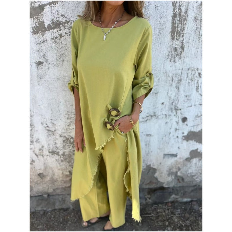 Stylish cotton-linen two-piece dress and pants set | Elara