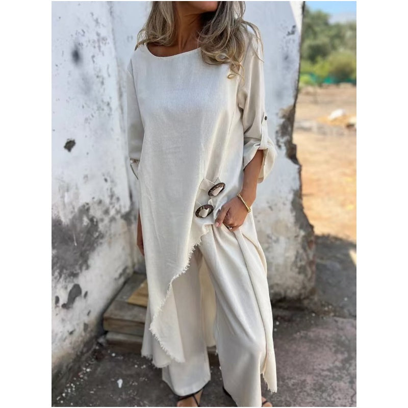 Stylish cotton-linen two-piece dress and pants set | Elara