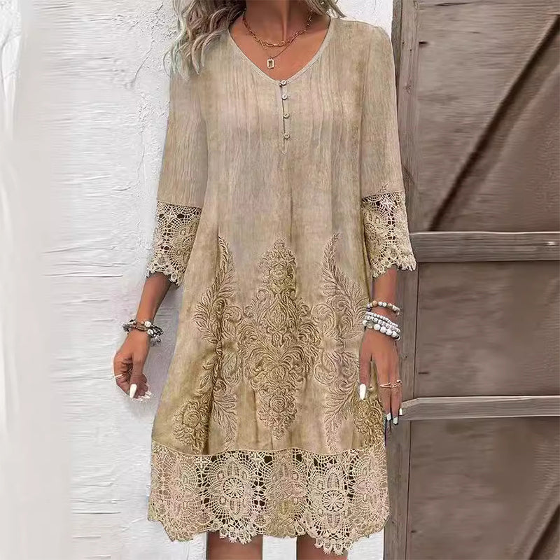 Boho embroidered lace hem long sleeve midi dress for women | Marisela