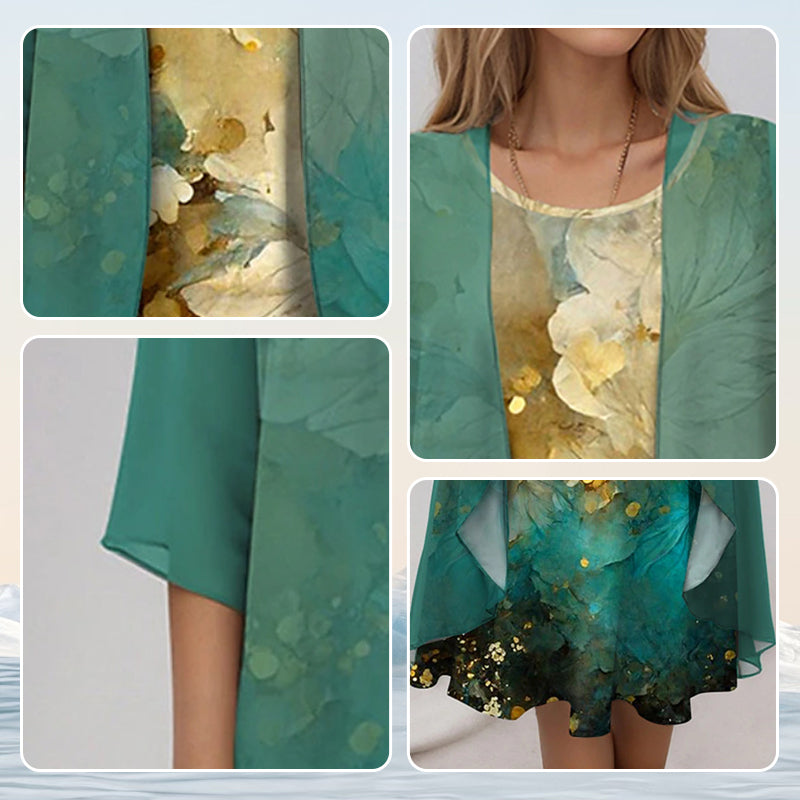 Floral slip midi dress with sheer open-front duster set for women | Marisela