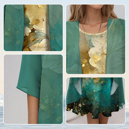 Floral slip midi dress with sheer open-front duster set for women | Marisela