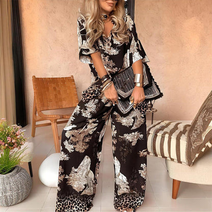 Printed V-neck relaxed pant set for women | Marisela
