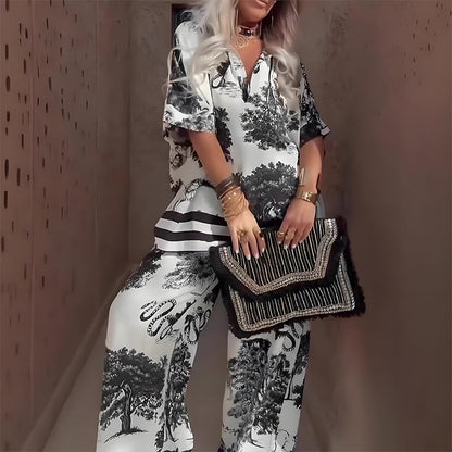 Printed V-neck relaxed pant set for women | Marisela