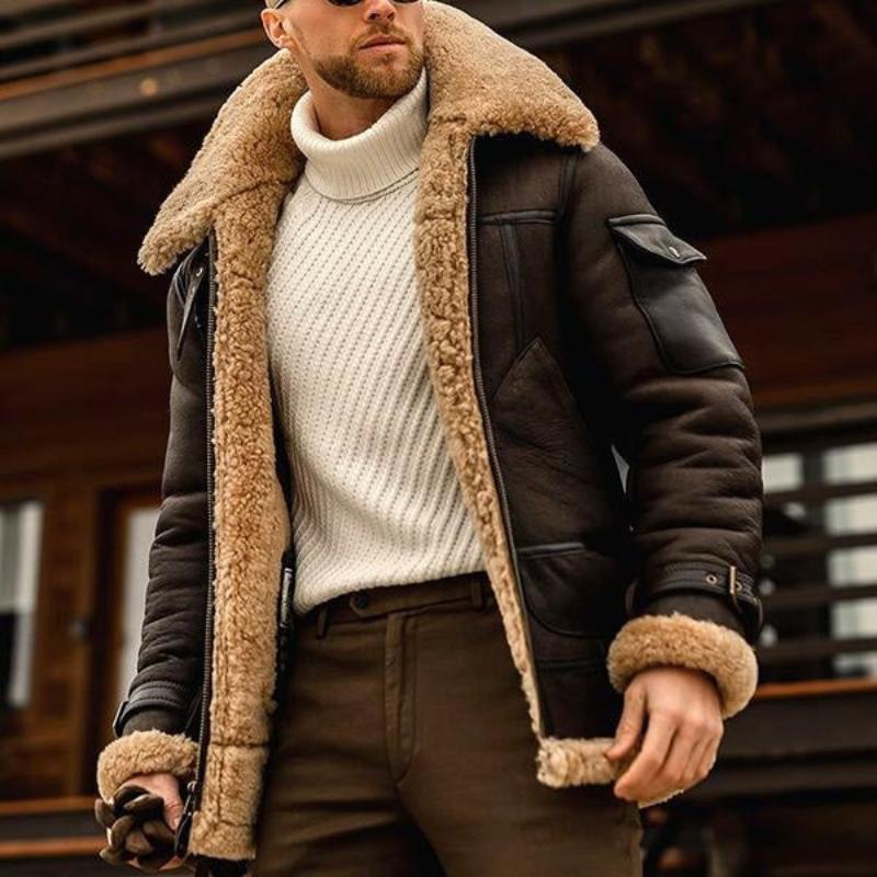 Vintage warm lapel multi-pocket winter coat for men