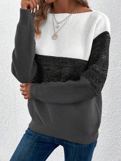 Gaia | Women's Color Block Crewneck Knit Sweater