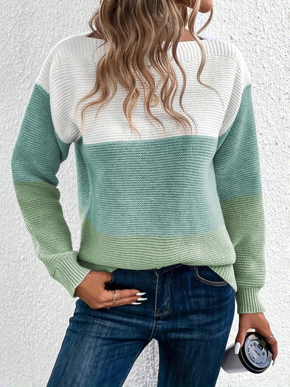 Gaia | Women's Color Block Crewneck Knit Sweater