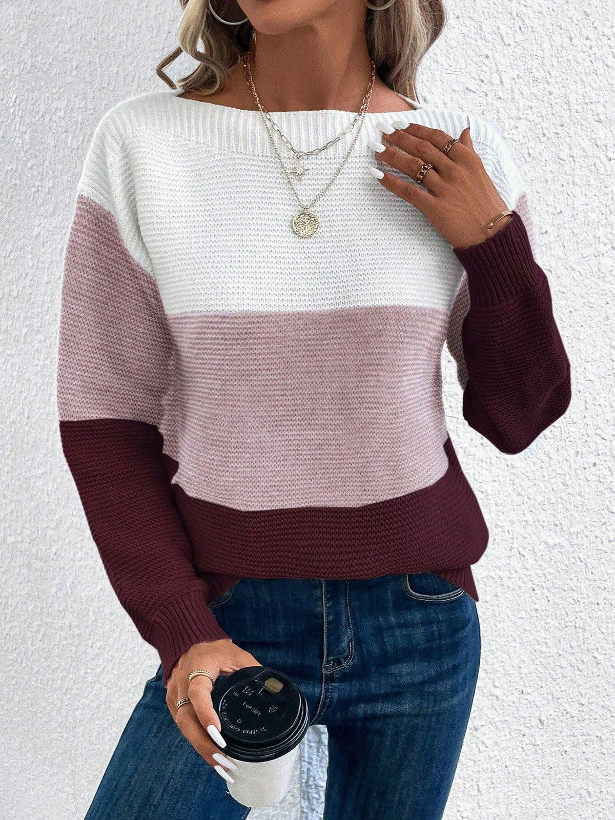 Gaia | Women's Color Block Crewneck Knit Sweater