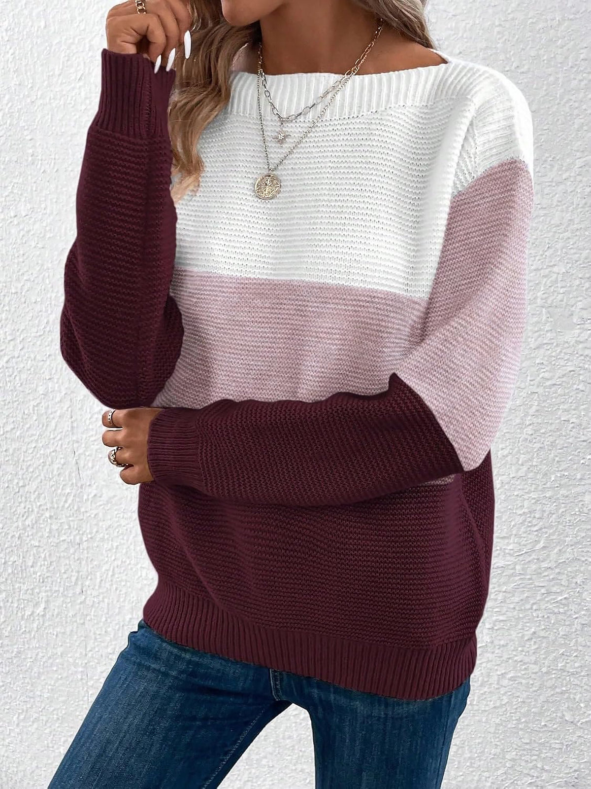 Gaia | Women's Color Block Crewneck Knit Sweater