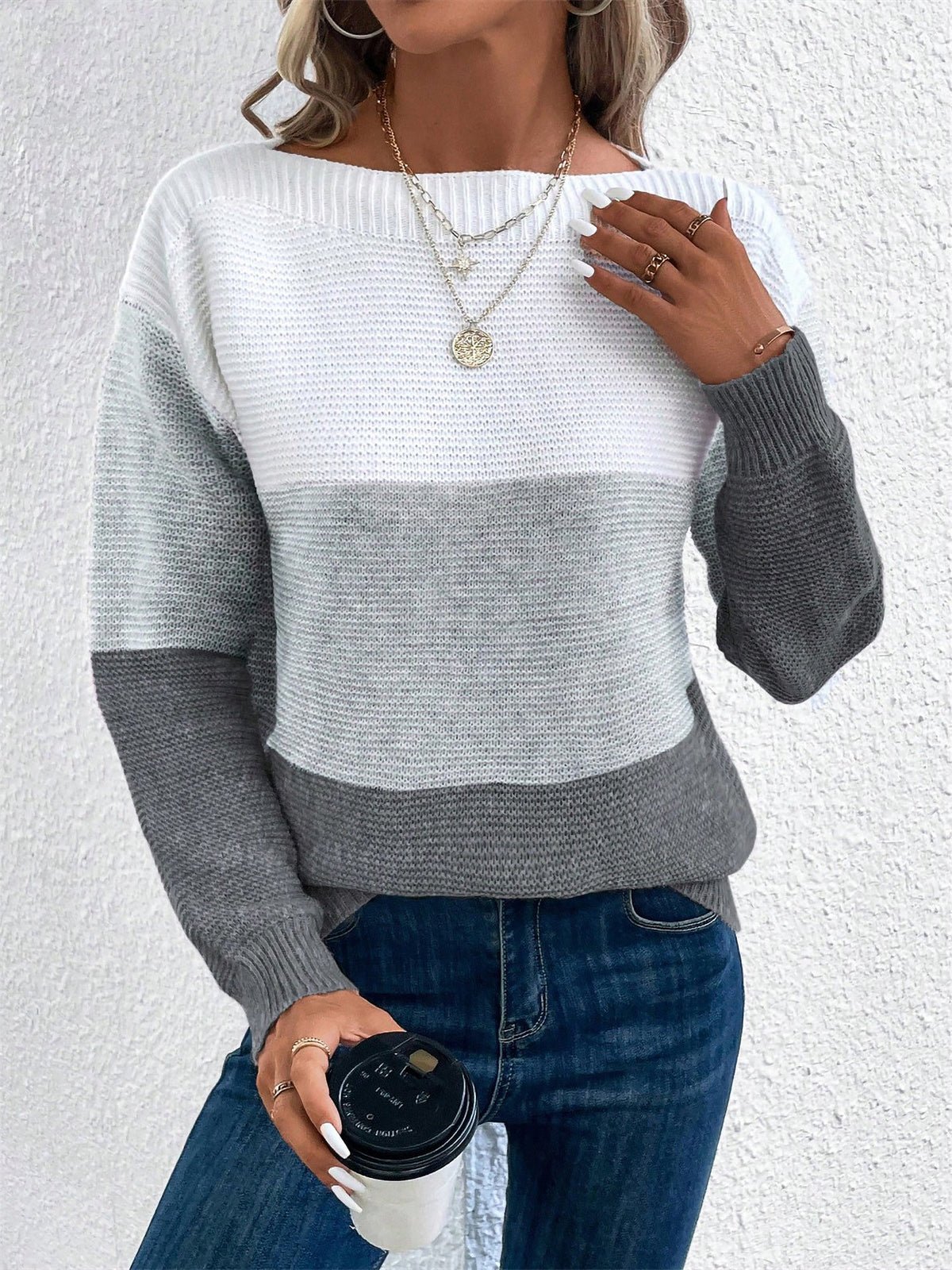 Gaia | Women's Color Block Crewneck Knit Sweater