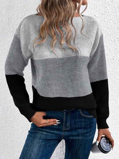 Gaia | Women's Color Block Crewneck Knit Sweater