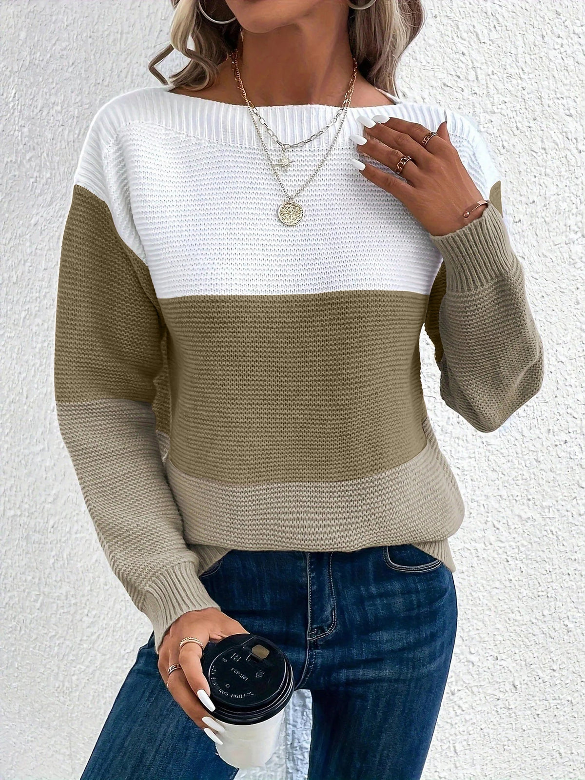 Gaia | Women's Color Block Crewneck Knit Sweater