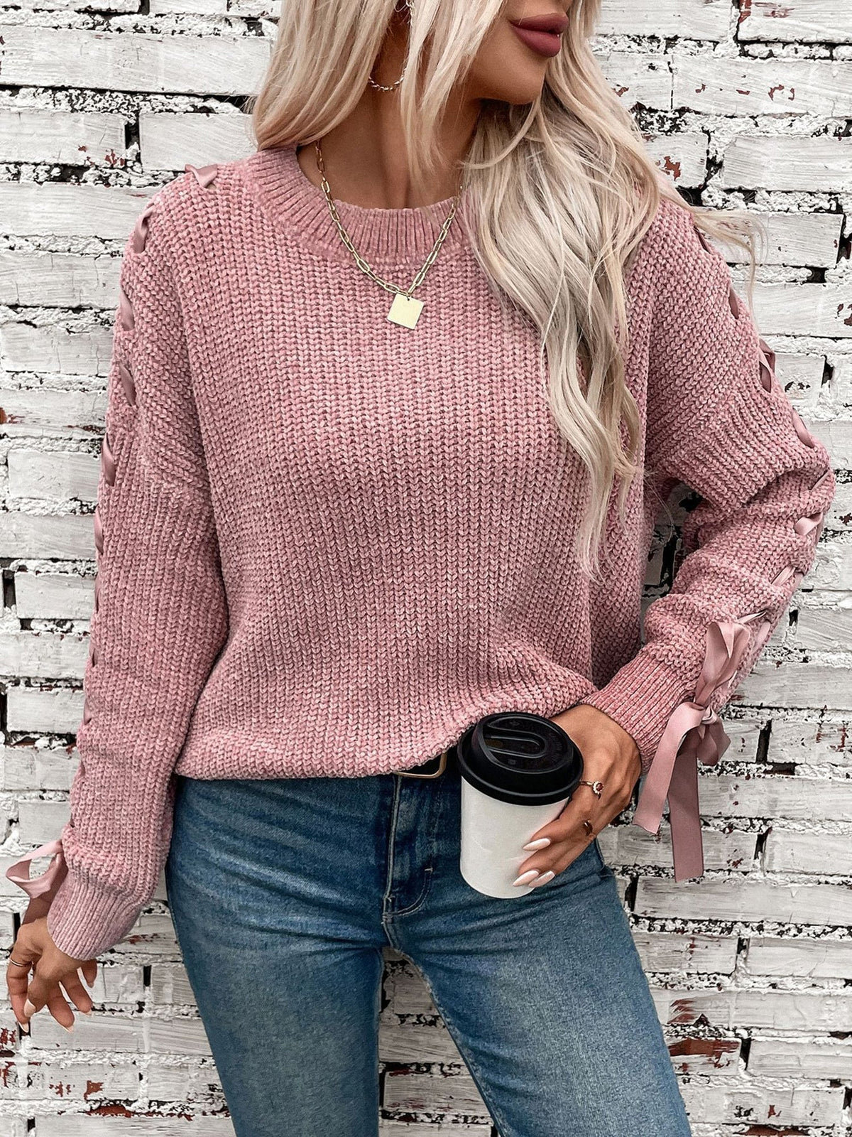 Genevieve | Women's Lace Trim Waffle Knit Sweatshirt