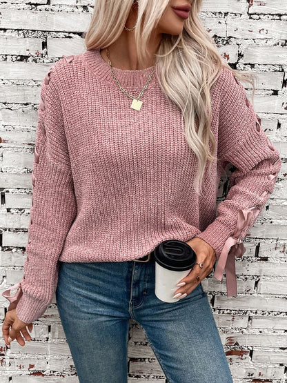 Genevieve | Women's Lace Trim Waffle Knit Sweatshirt