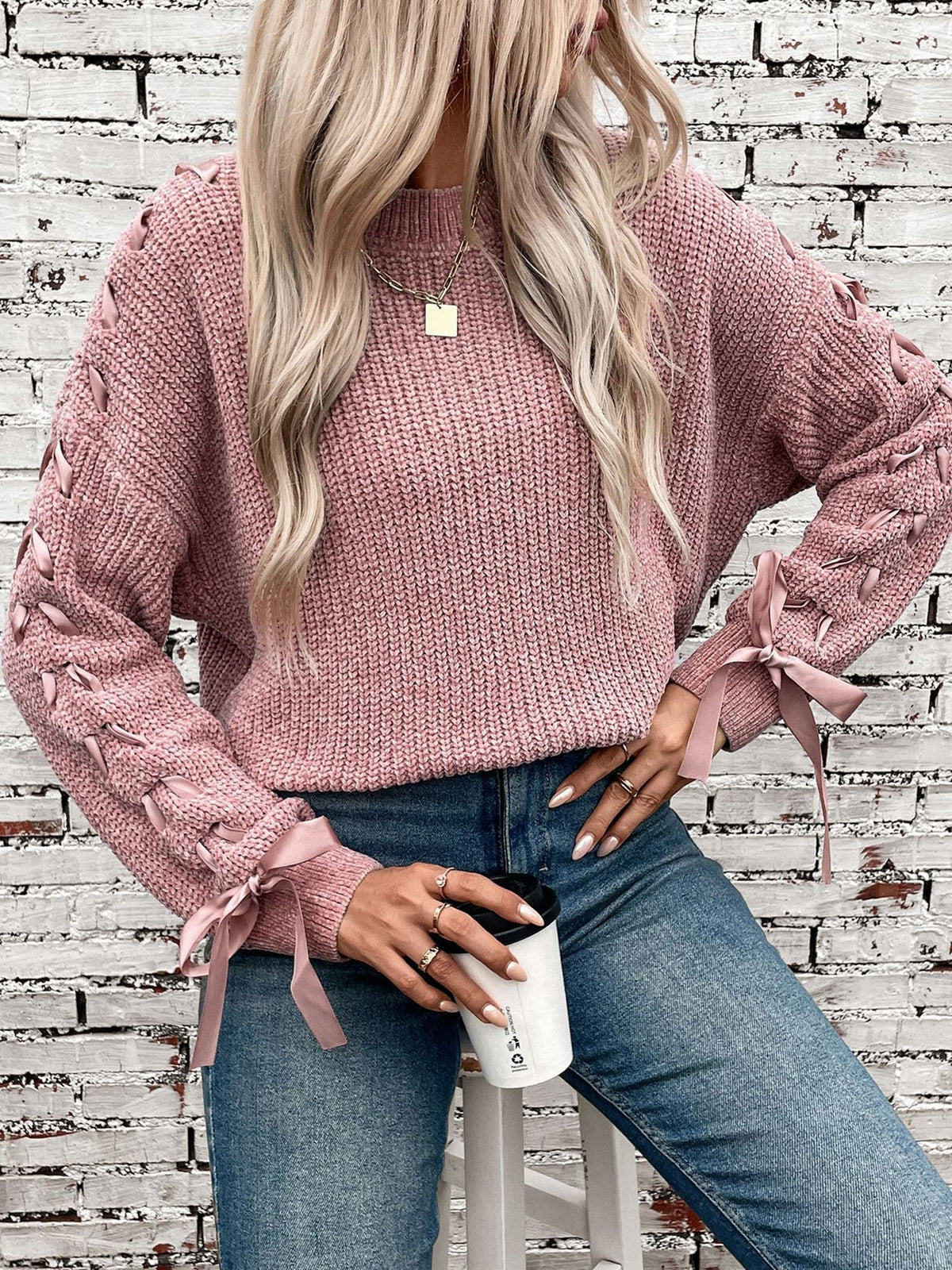 Genevieve | Women's Lace Trim Waffle Knit Sweatshirt