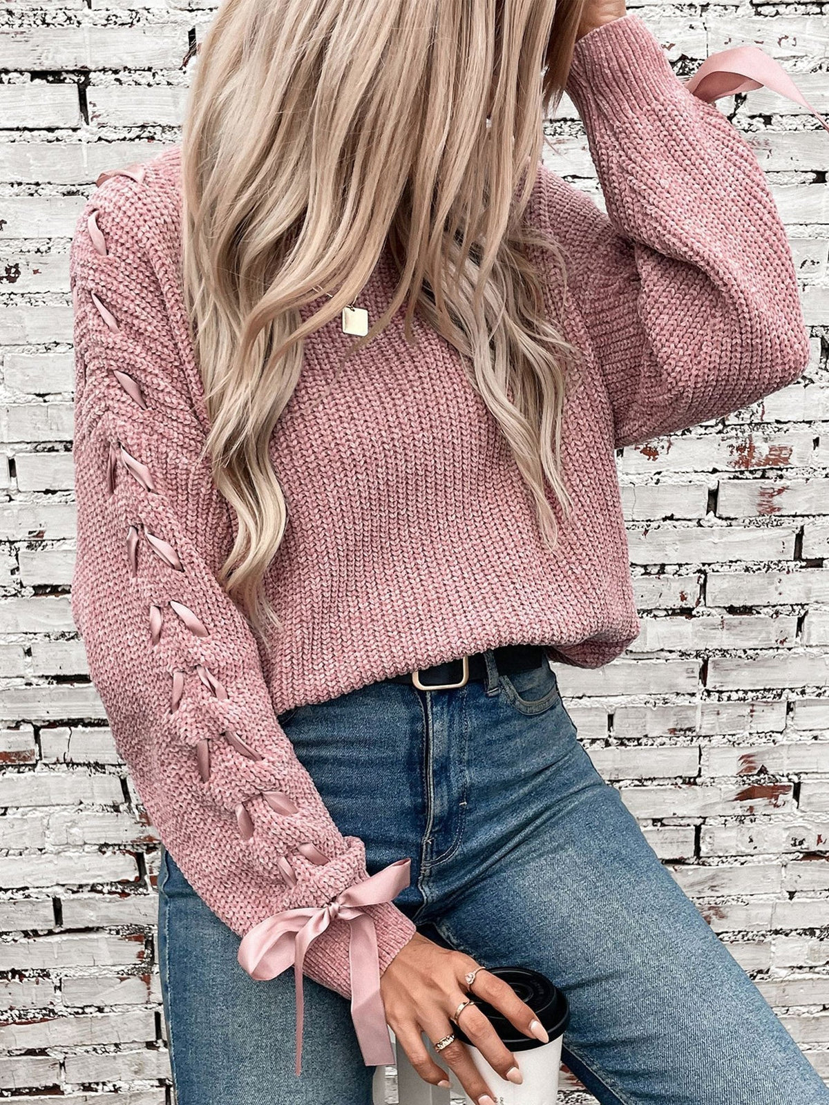 Genevieve | Women's Lace Trim Waffle Knit Sweatshirt
