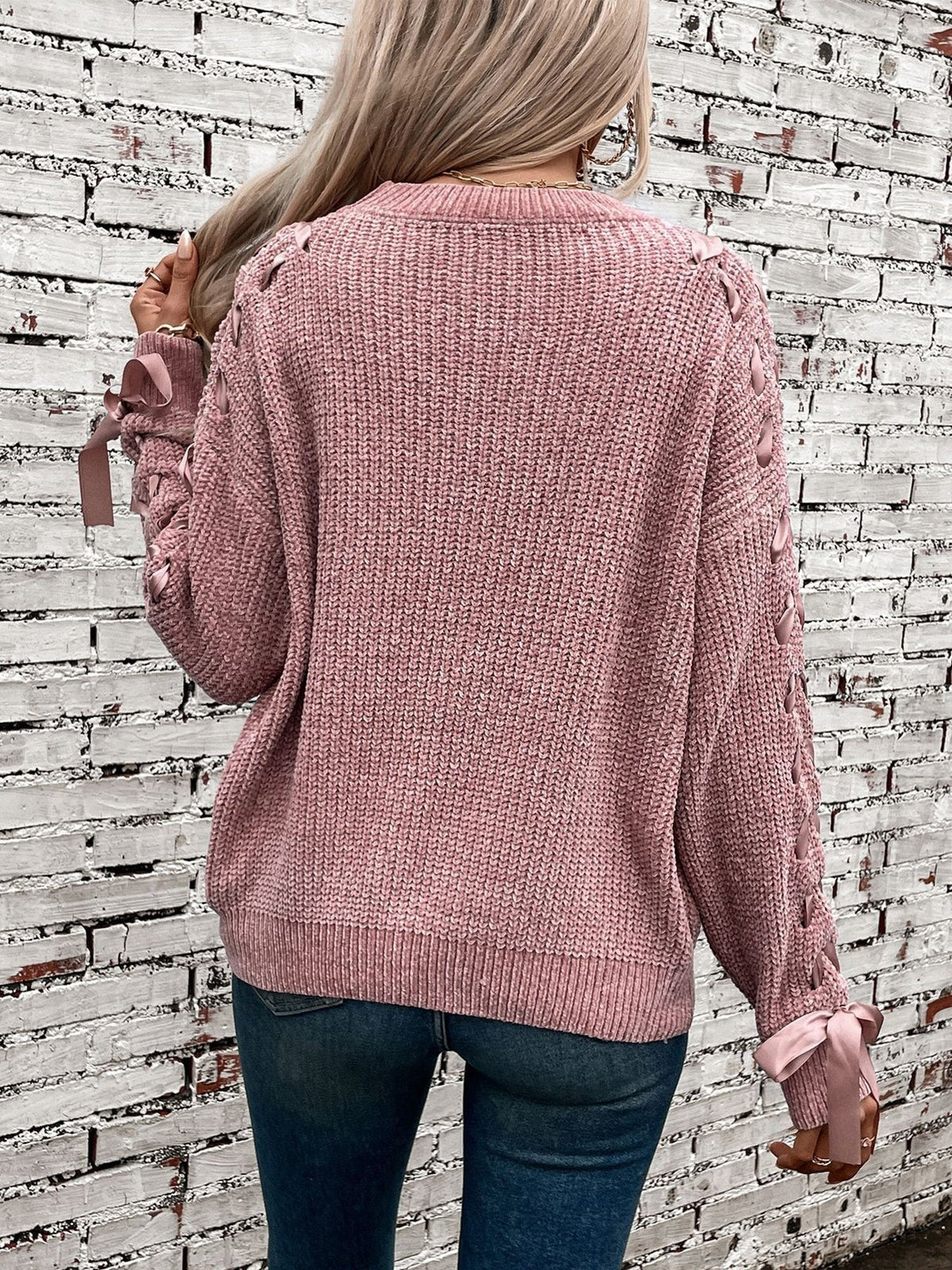 Genevieve | Women's Lace Trim Waffle Knit Sweatshirt