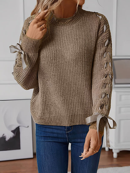 Genevieve | Women's Lace Trim Waffle Knit Sweatshirt