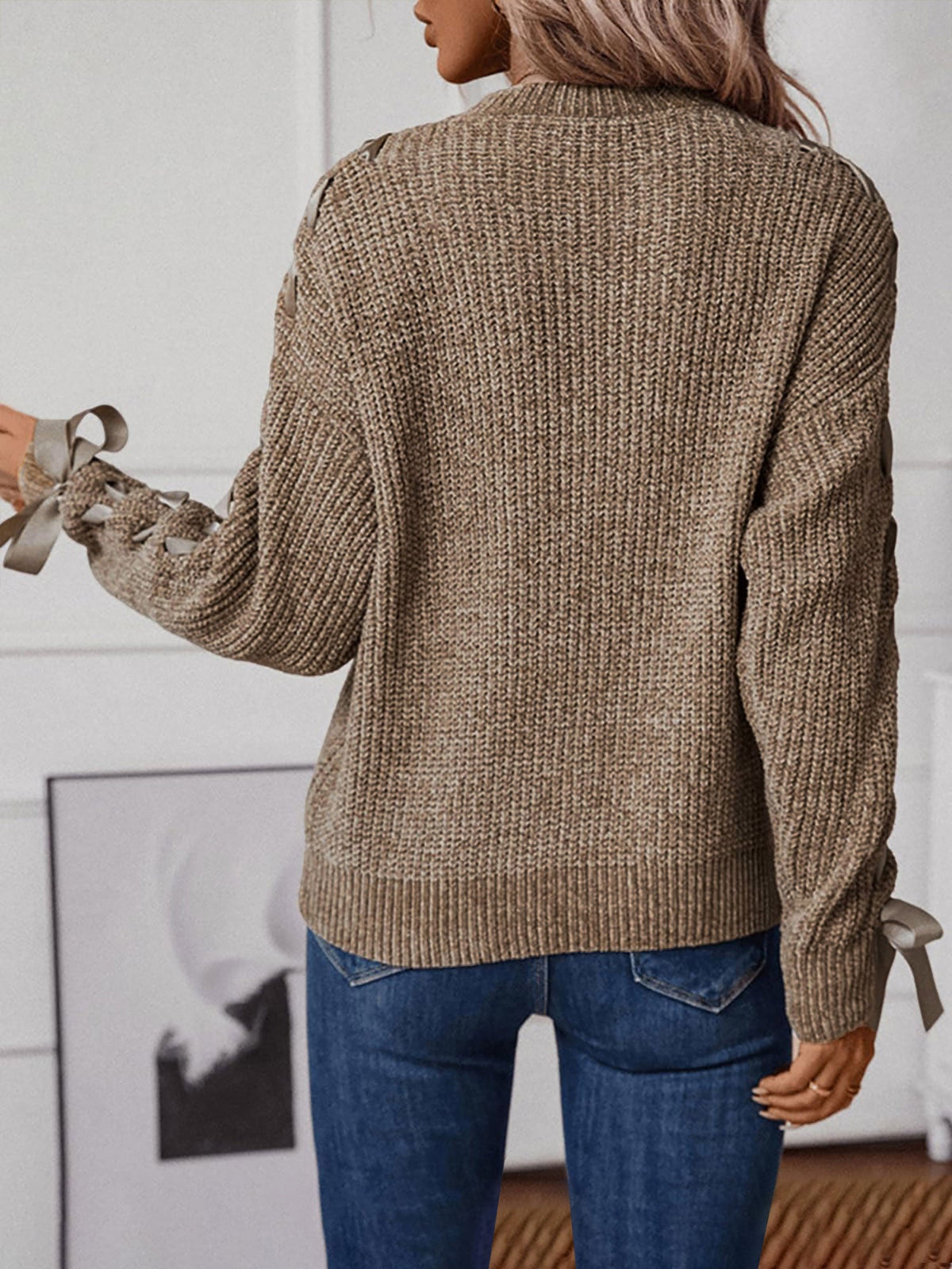 Genevieve | Women's Lace Trim Waffle Knit Sweatshirt