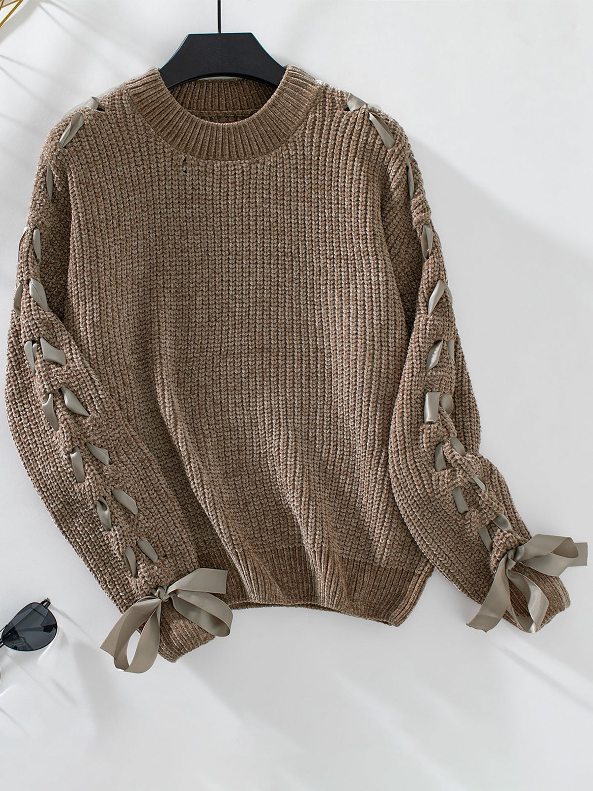 Genevieve | Women's Lace Trim Waffle Knit Sweatshirt