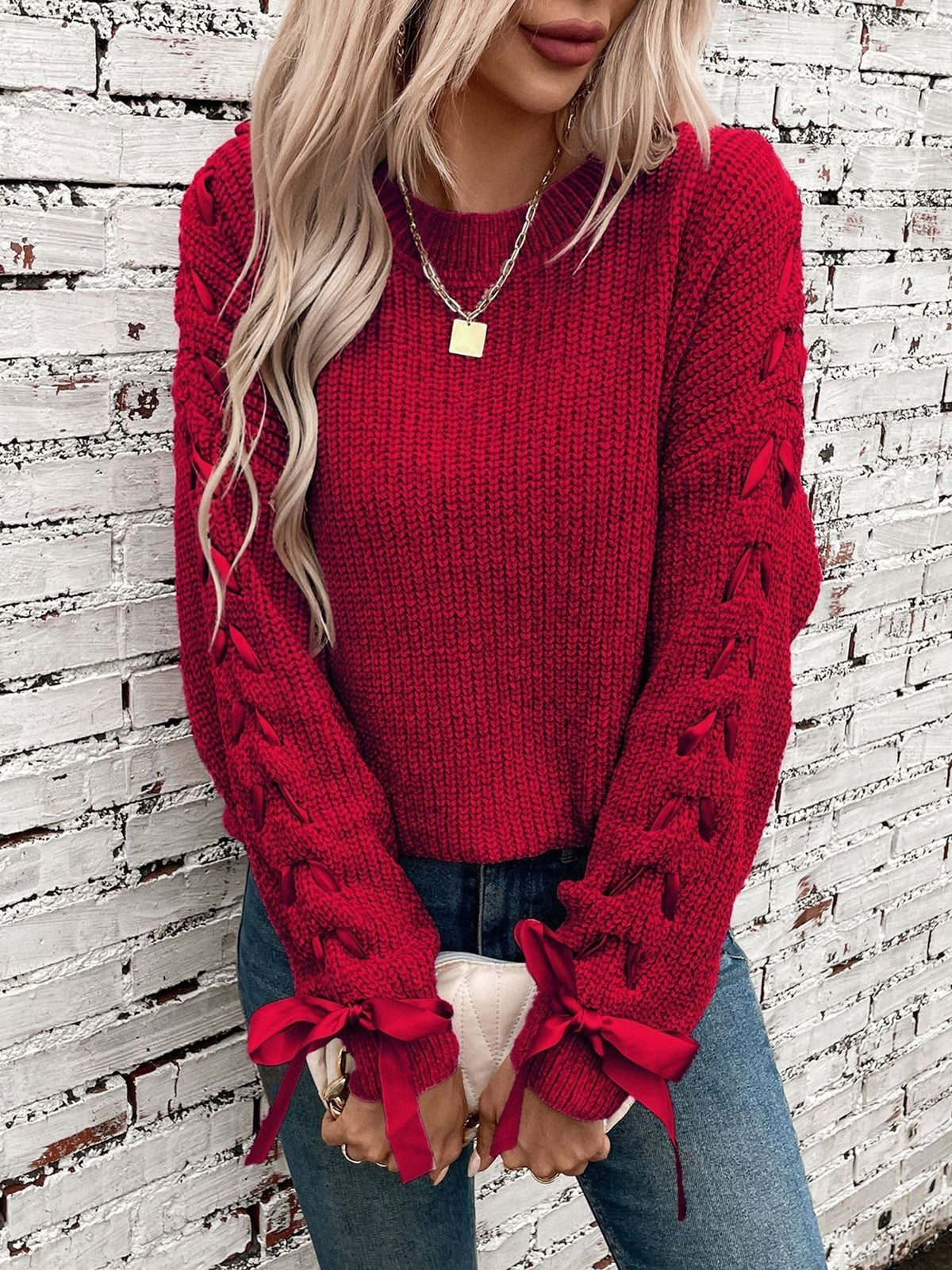 Genevieve | Women's Lace Trim Waffle Knit Sweatshirt
