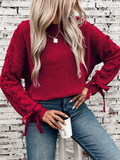 Genevieve | Women's Lace Trim Waffle Knit Sweatshirt