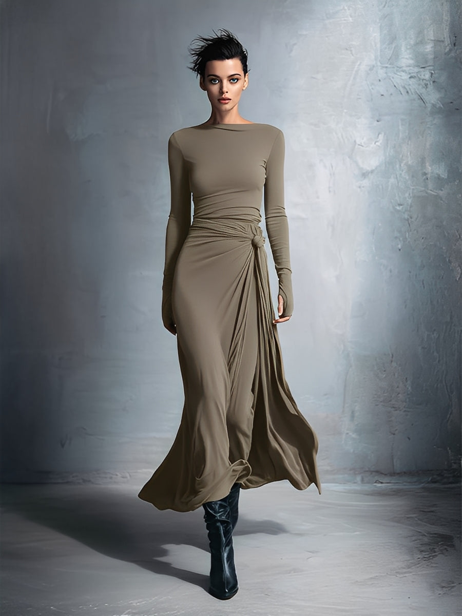 Elegant gray wrap maxi dress with knot detail for women | Elara