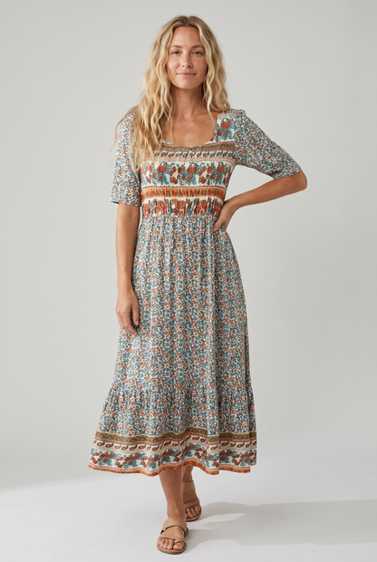Boho print square neck shirred tiered midi dress for women | Marisela