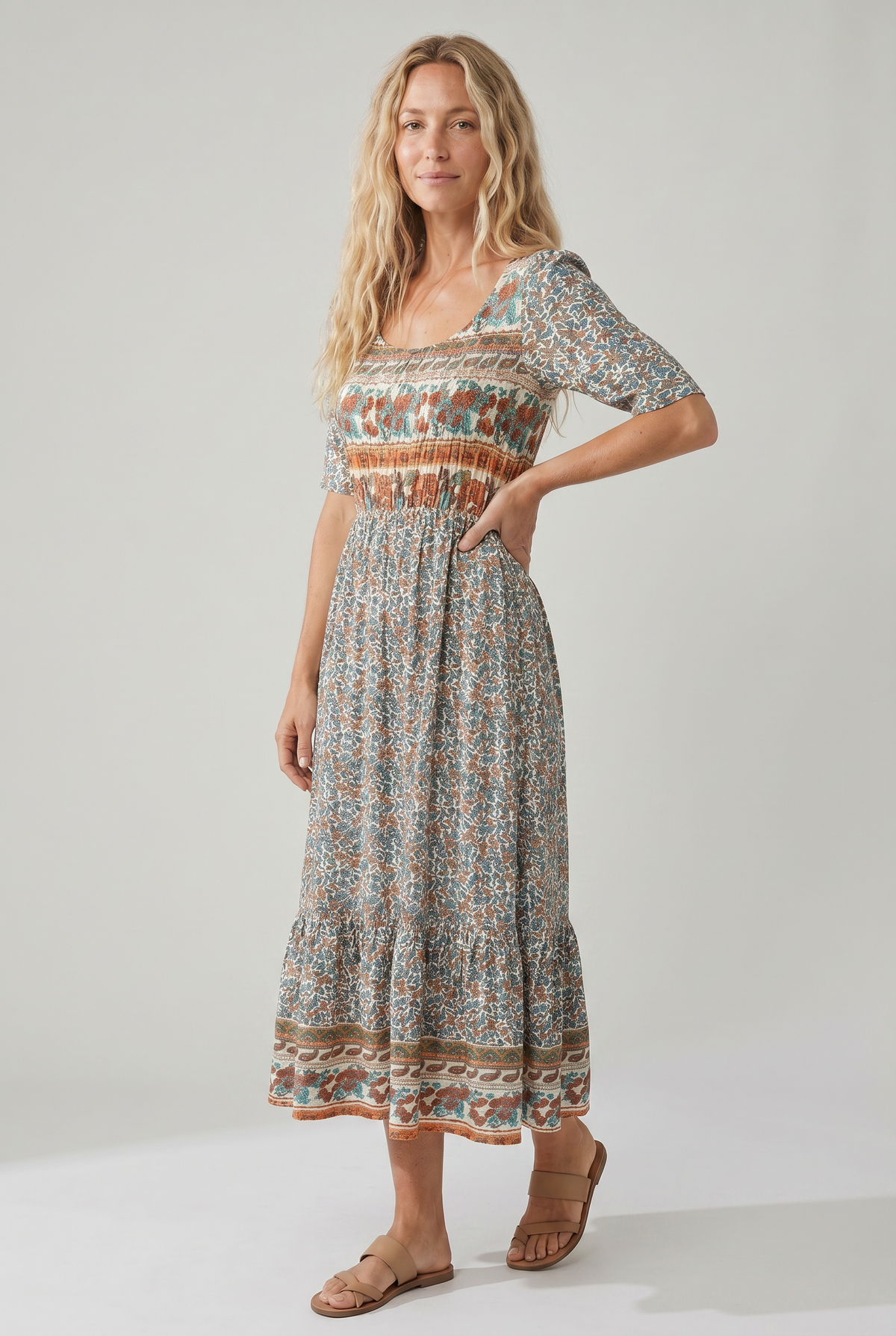 Boho print square neck shirred tiered midi dress for women | Marisela