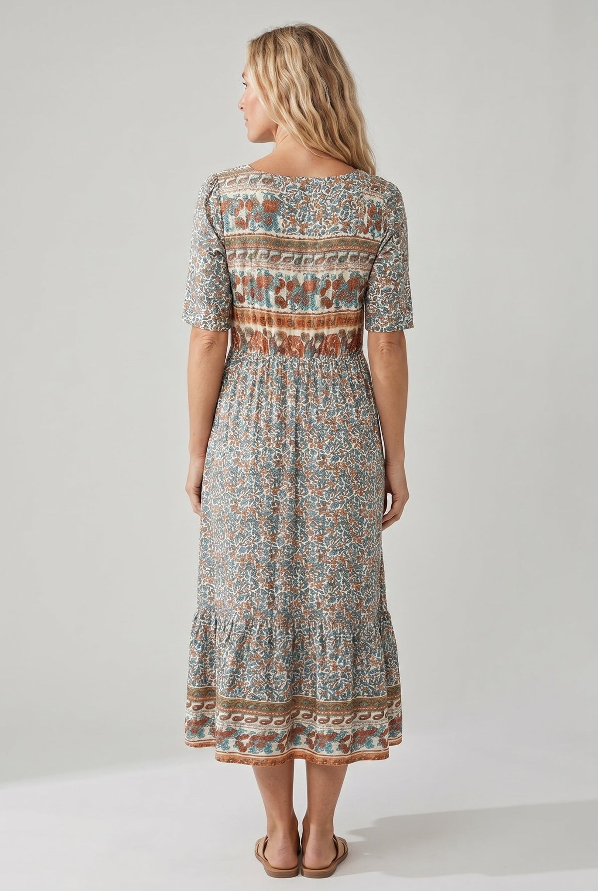 Boho print square neck shirred tiered midi dress for women | Marisela