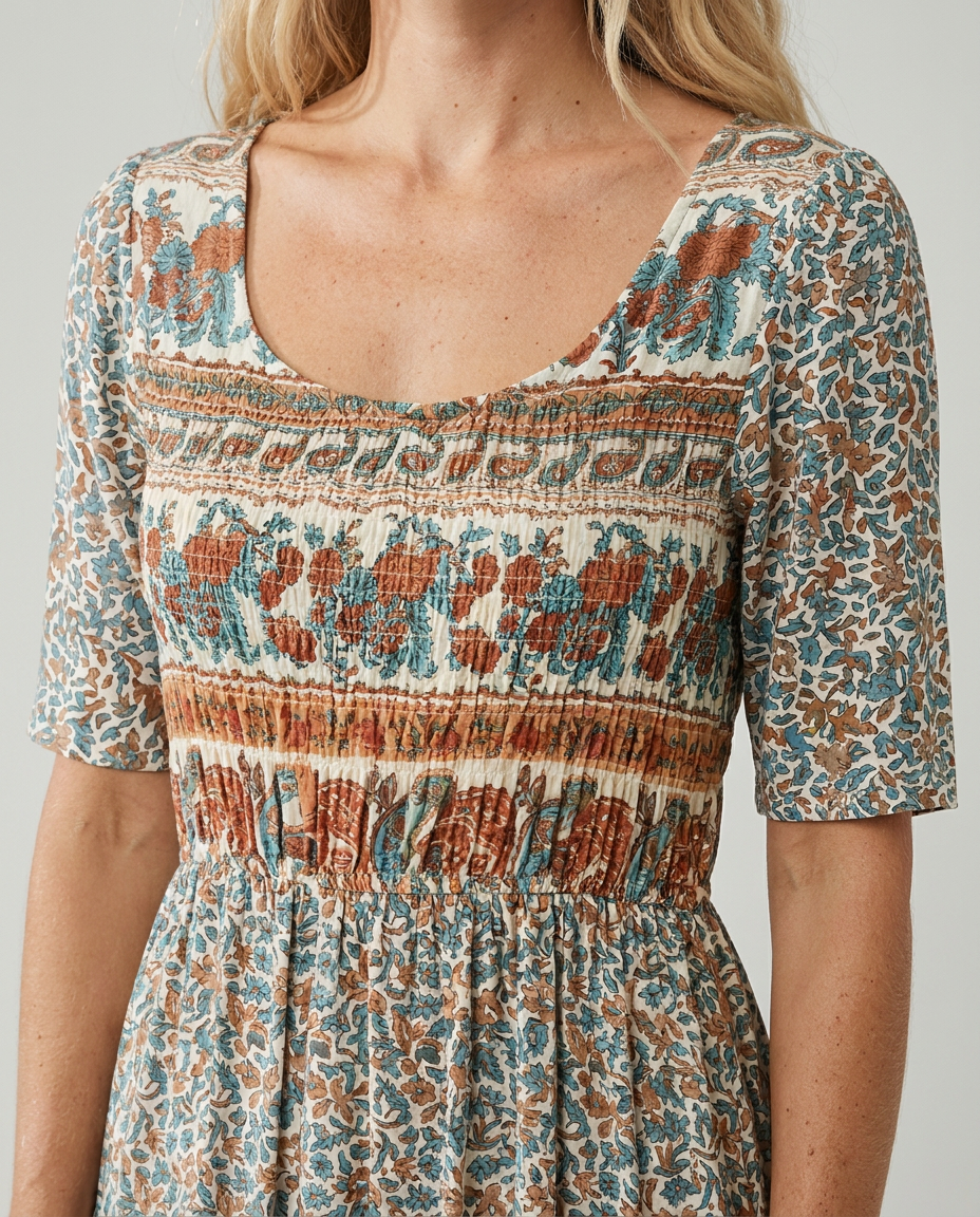 Boho print square neck shirred tiered midi dress for women | Marisela