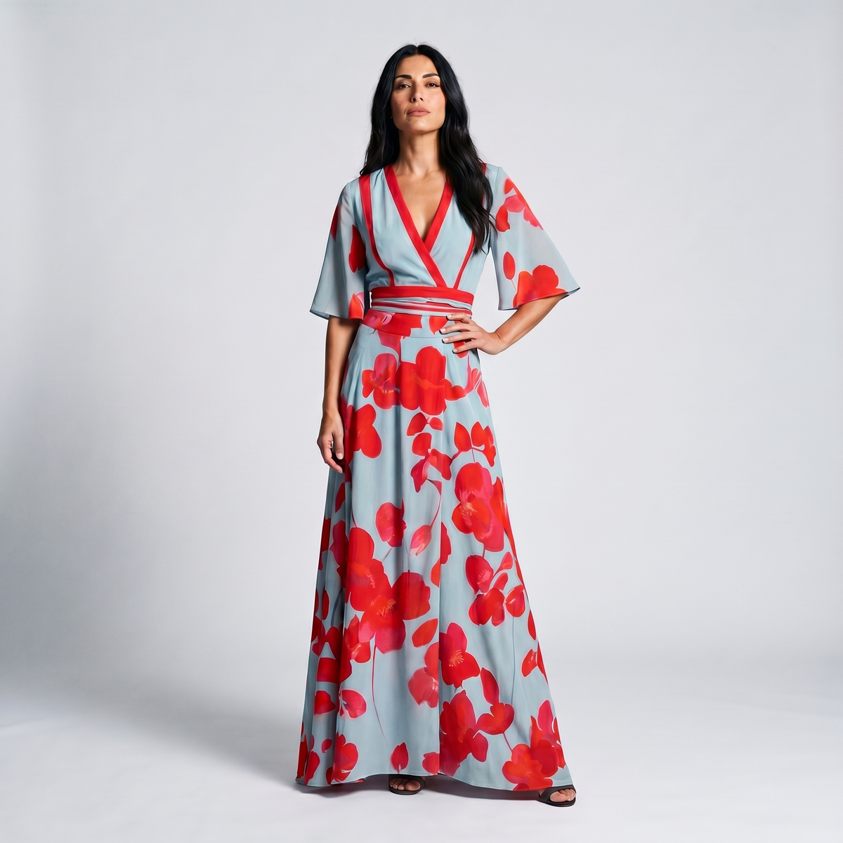Floral wrap deep V-neck maxi dress with contrast trim for women | Marisela