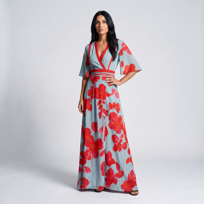Floral wrap deep V-neck maxi dress with contrast trim for women | Marisela