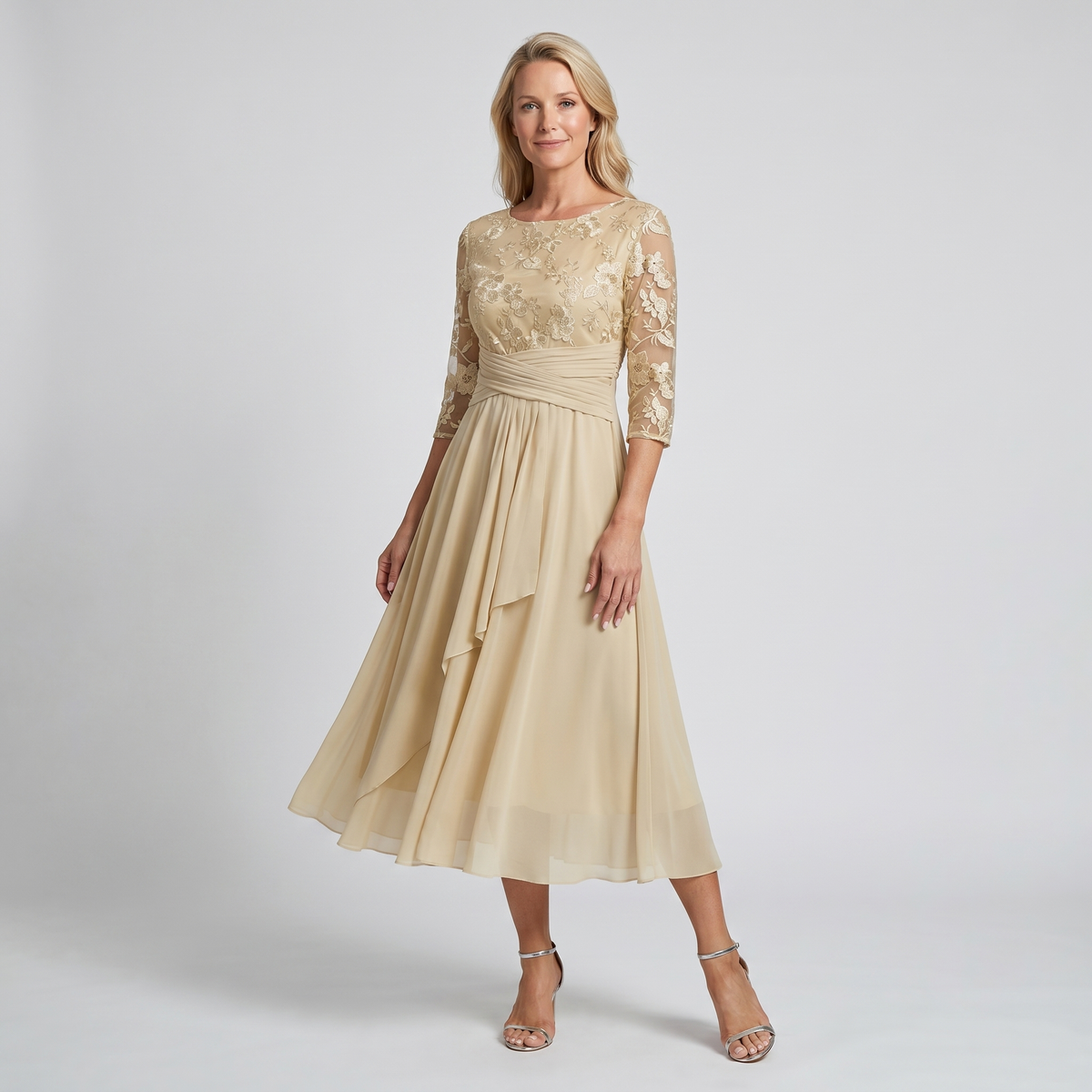 Floral lace chiffon tiered midi dress for women | Marisela